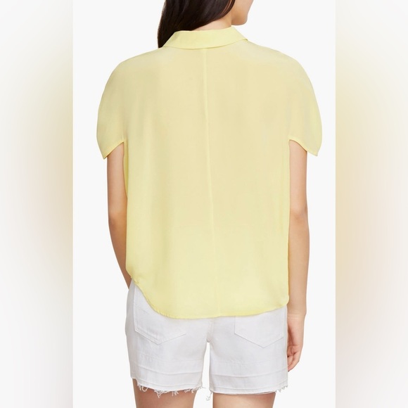 NWT HABITUAL Lennon Silk Blouse Lemon Verbena Yellow Short Sleeve Button Medium - Picture 2 of 8